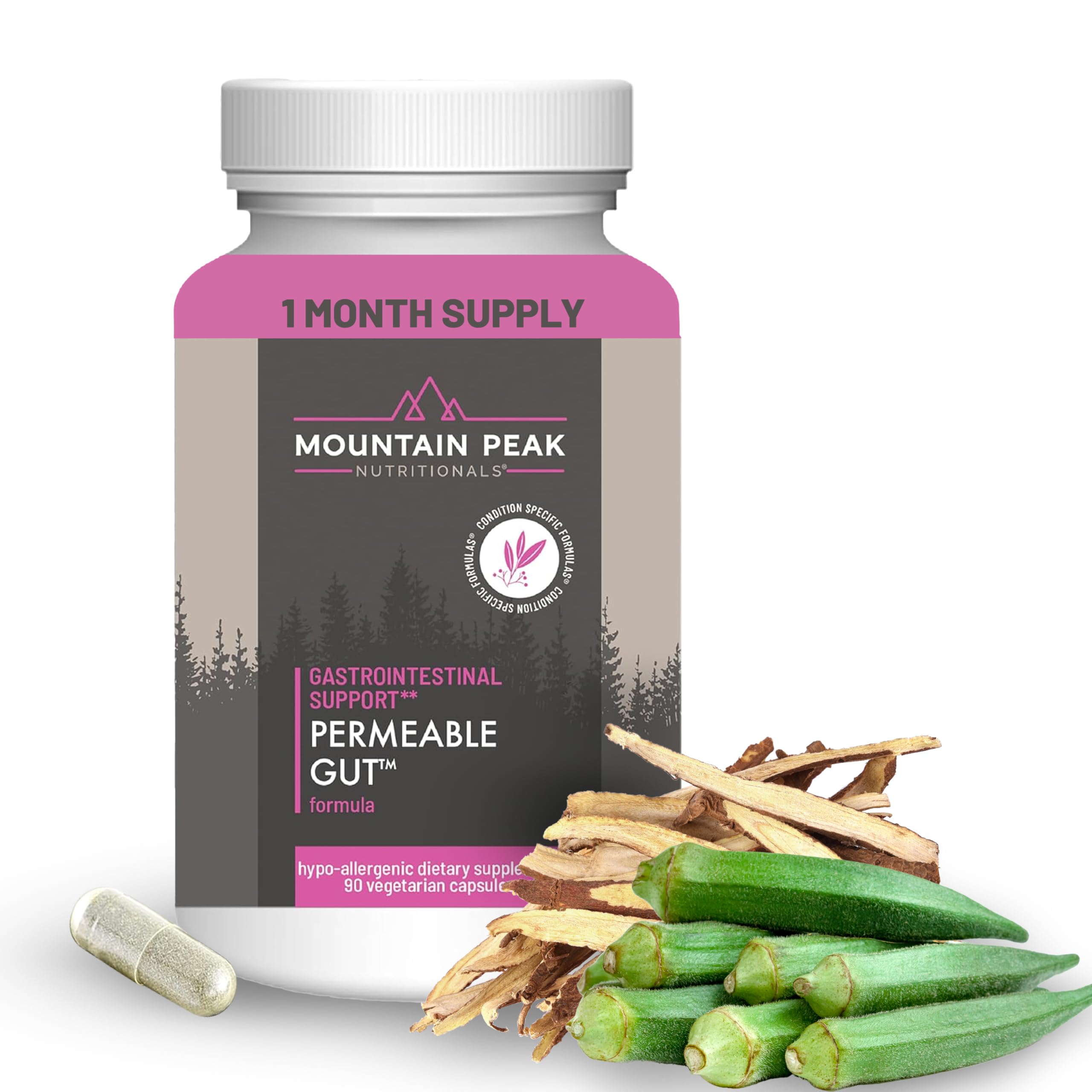 Mountain Peak Permeable Gut bottle front shows clean label for gut support