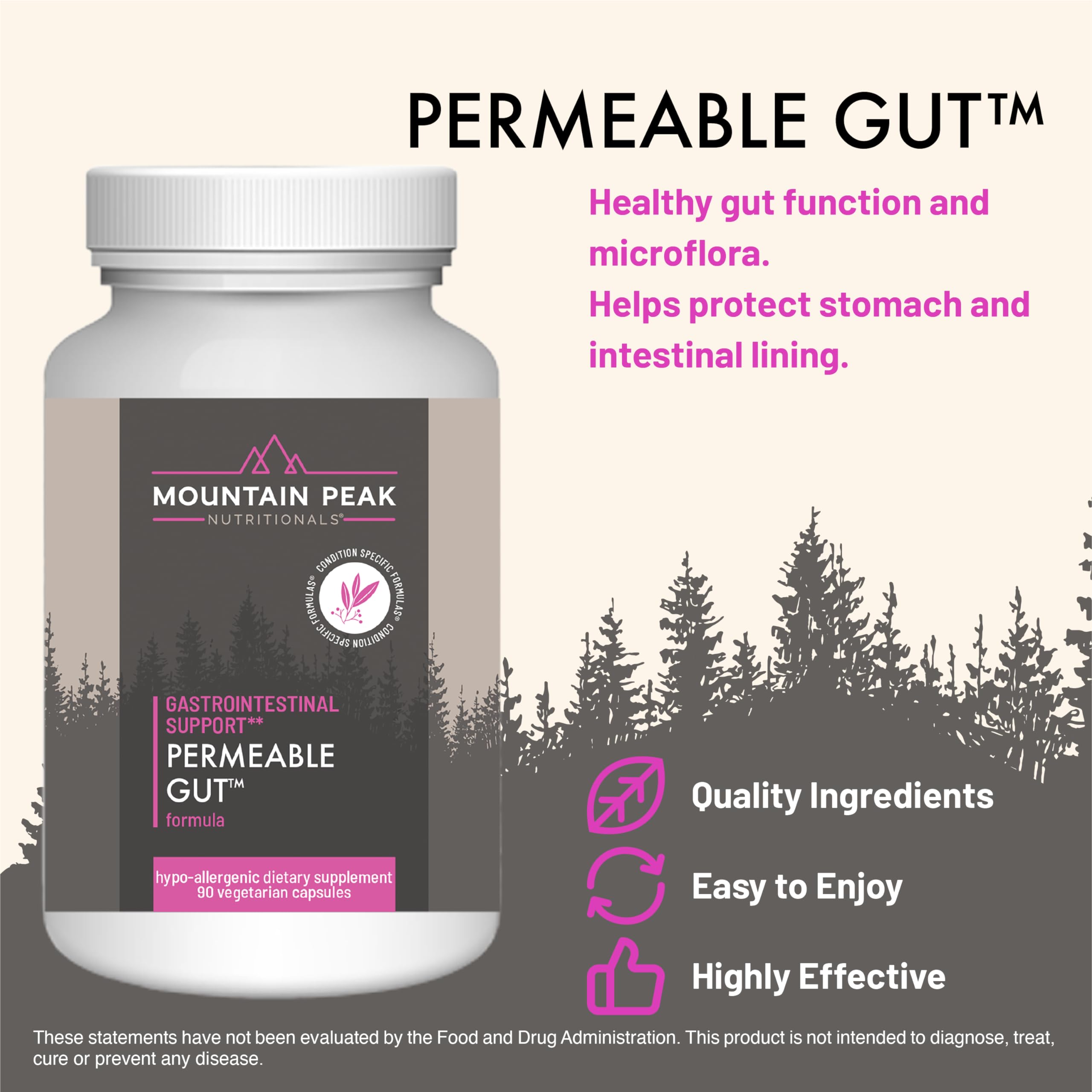 Mountain Peak Permeable Gut ingredients box showing Glutamine, Okra, Licorice