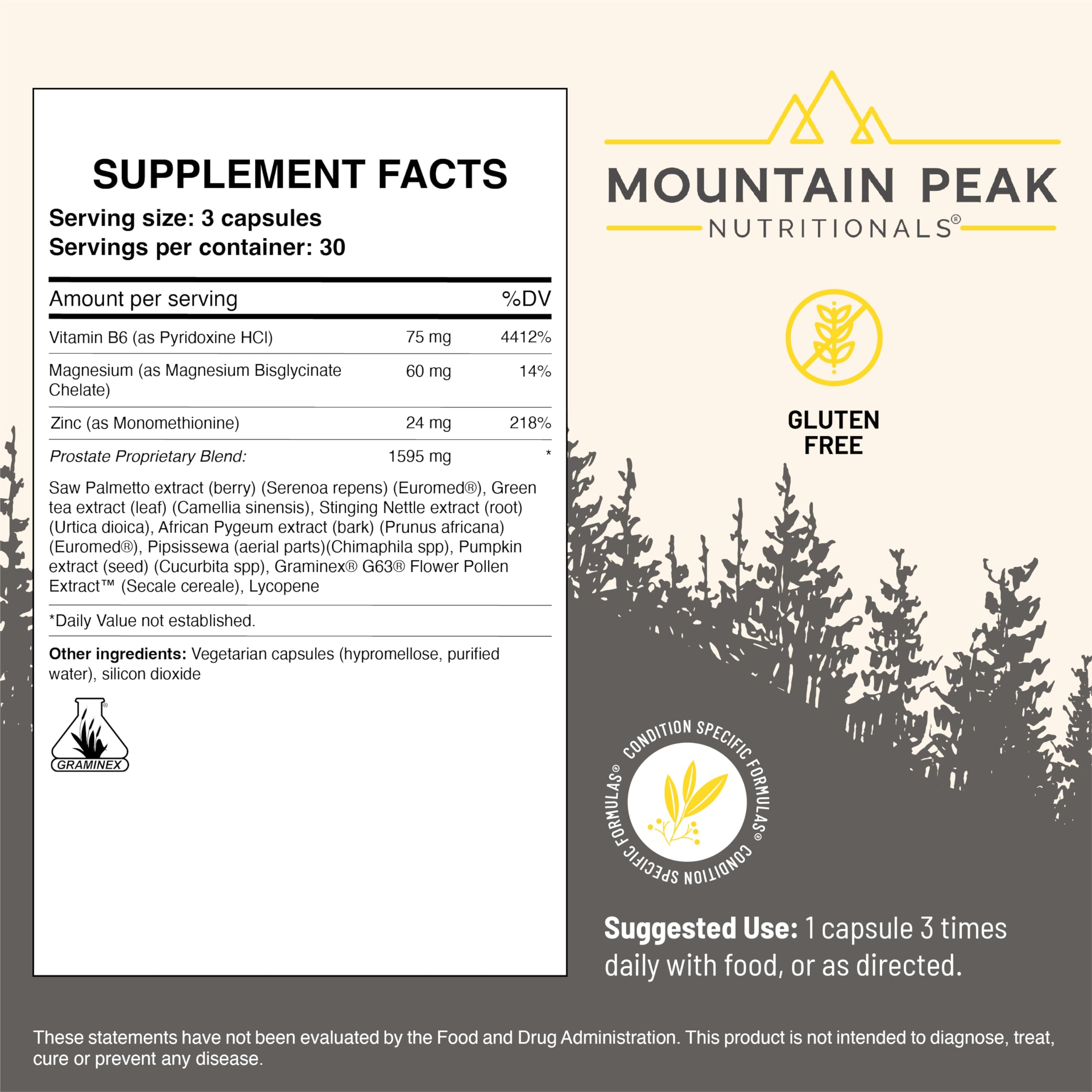 Mountain Peak Prostate Supplement ingredients chart shows component highlights.