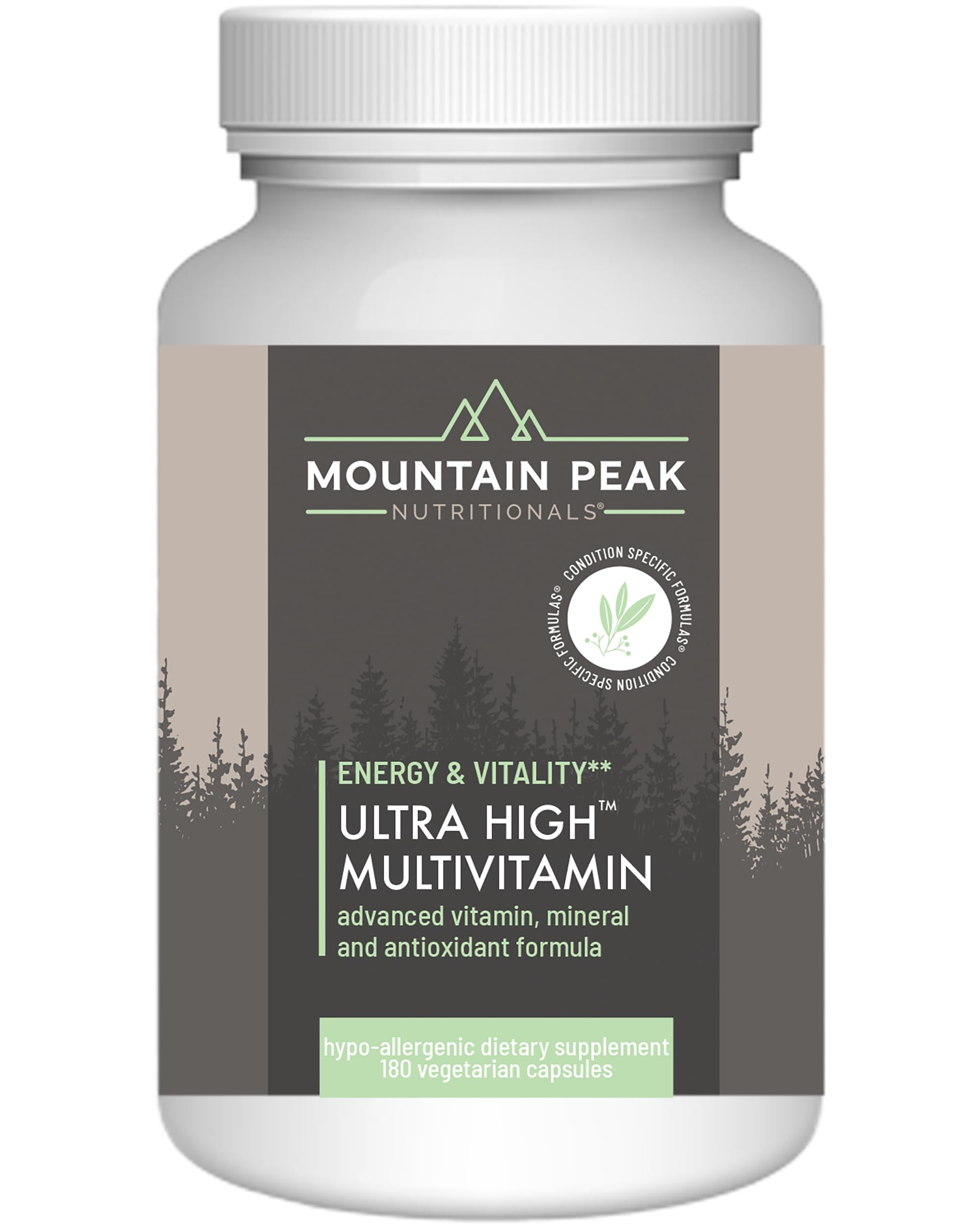 Mountain Peak Nutritionals Ultra High Multivitamin bottle close-up with label and nutrition highlights