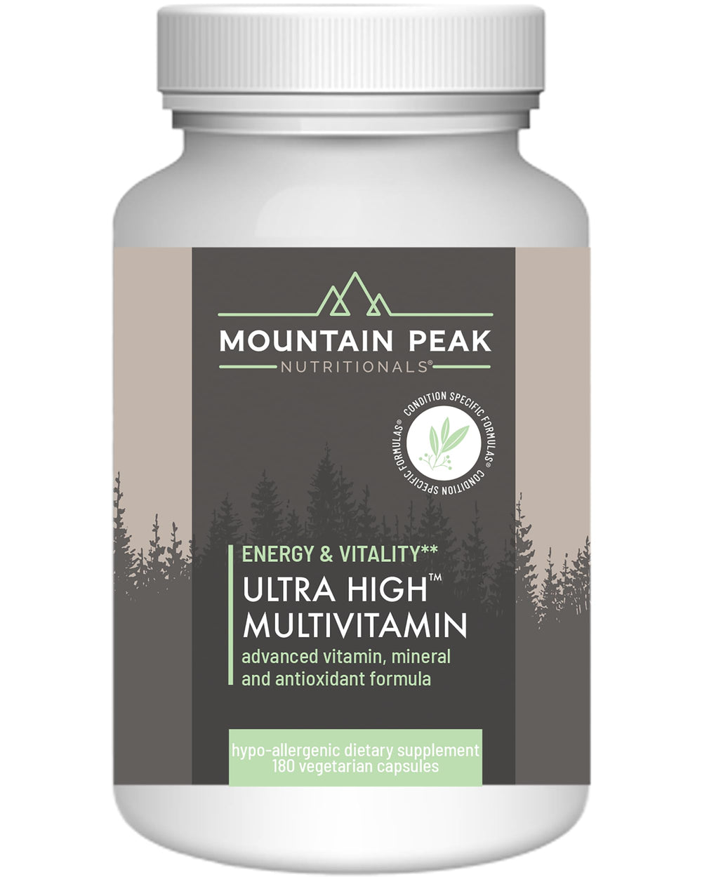 Mountain Peak Nutritionals Ultra High Multivitamin bottle close-up with label and nutrition highlights