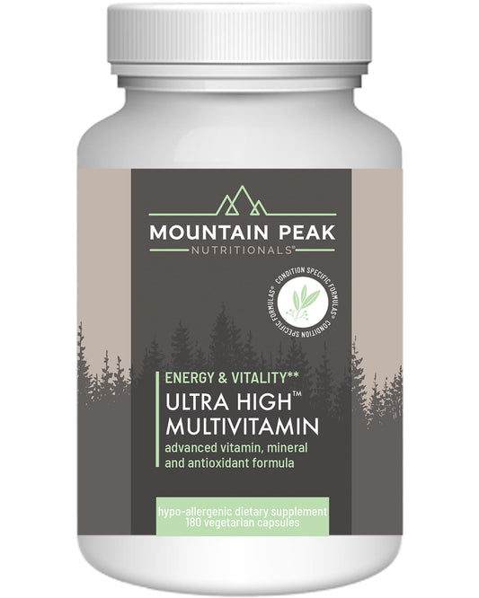 Mountain Peak Nutritionals Ultra High Multivitamin bottle close-up with label and nutrition highlights