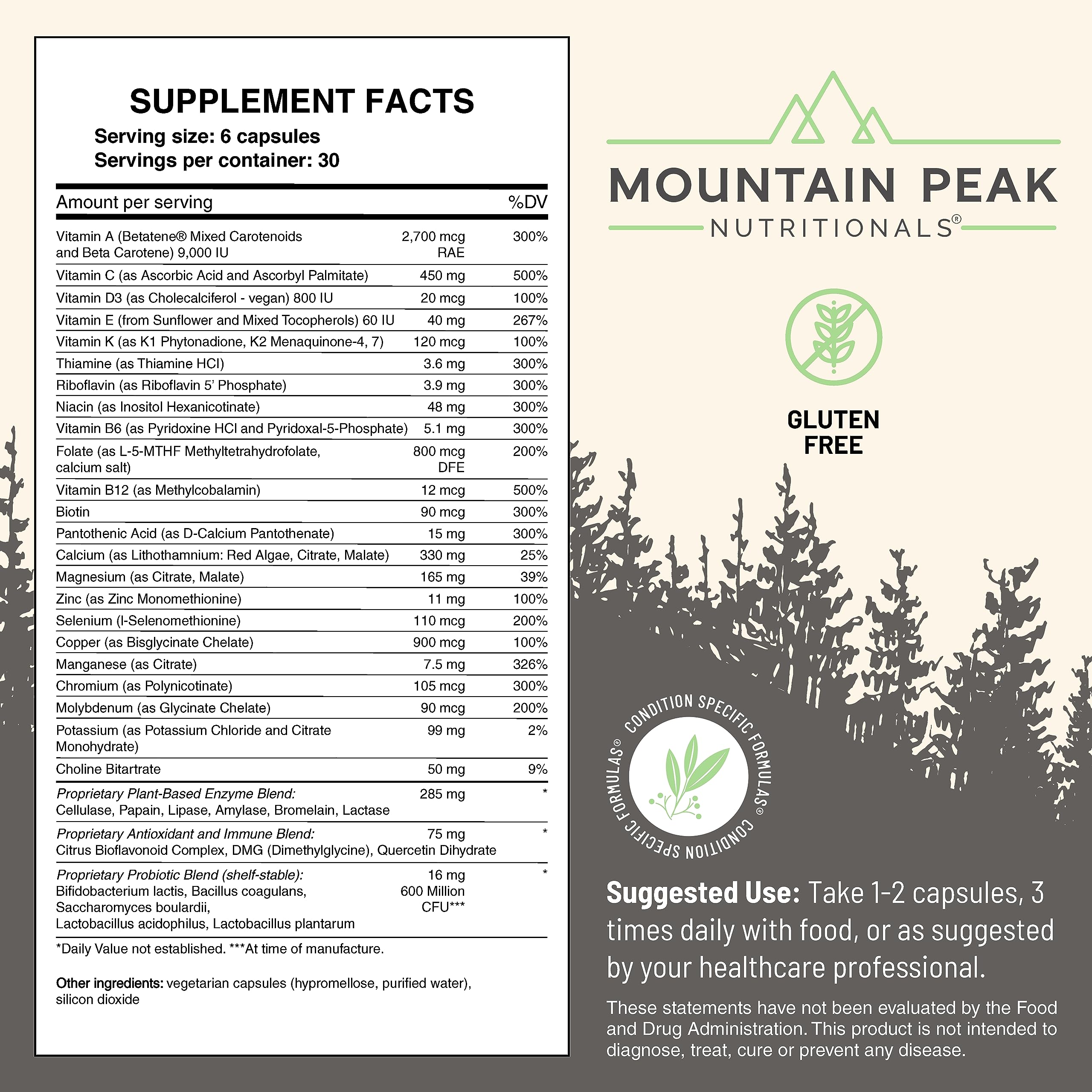 Label close-up of Mountain Peak Nutritionals Ultra High Multivitamin showing ingredients