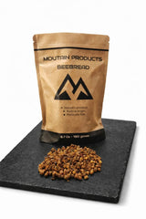 Mountain products BeeBread jar close-up showing natural fermentation and rich flavor.