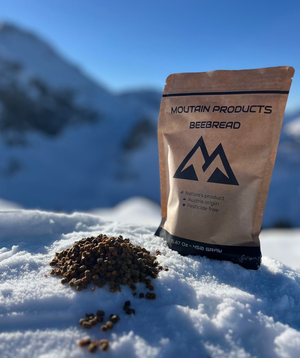 Mountain products BeeBread label emphasizes organic origin and quality.