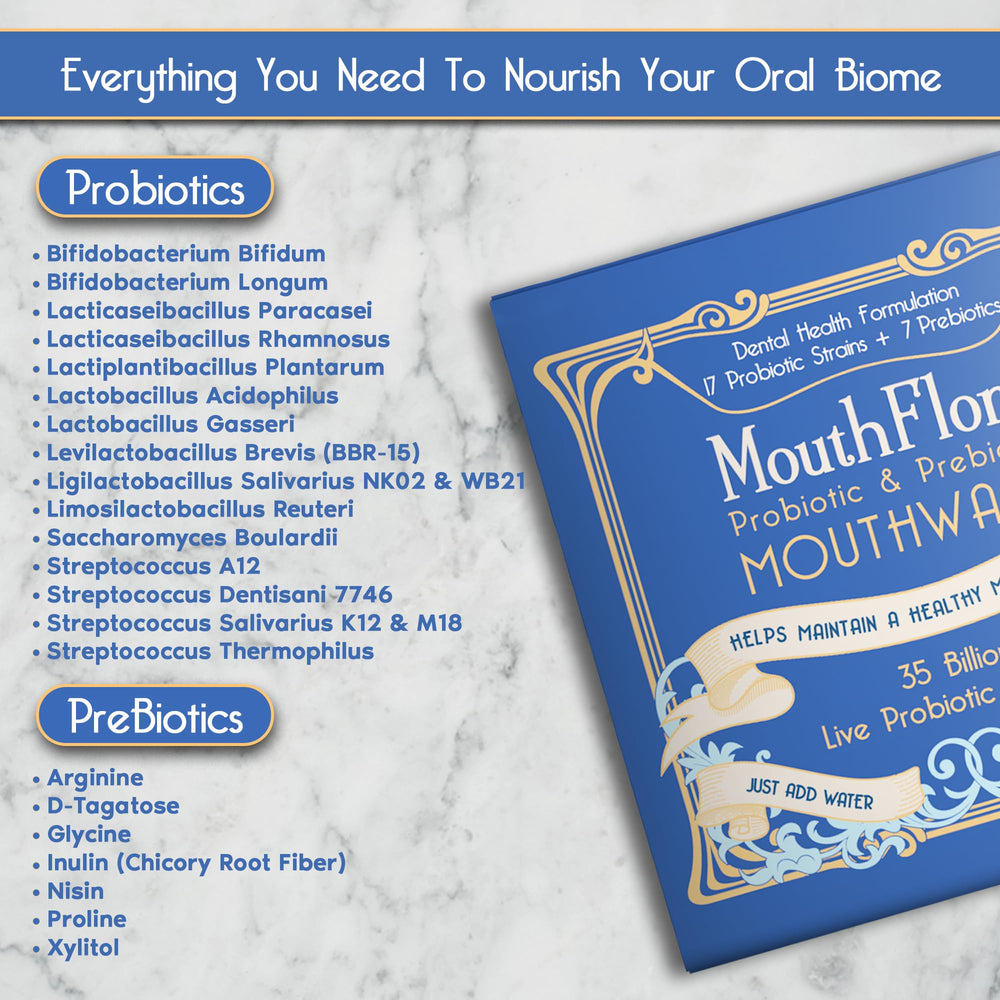 MouthFlora prebiotic mouthwash bottle highlighting nourishing bacteria.
