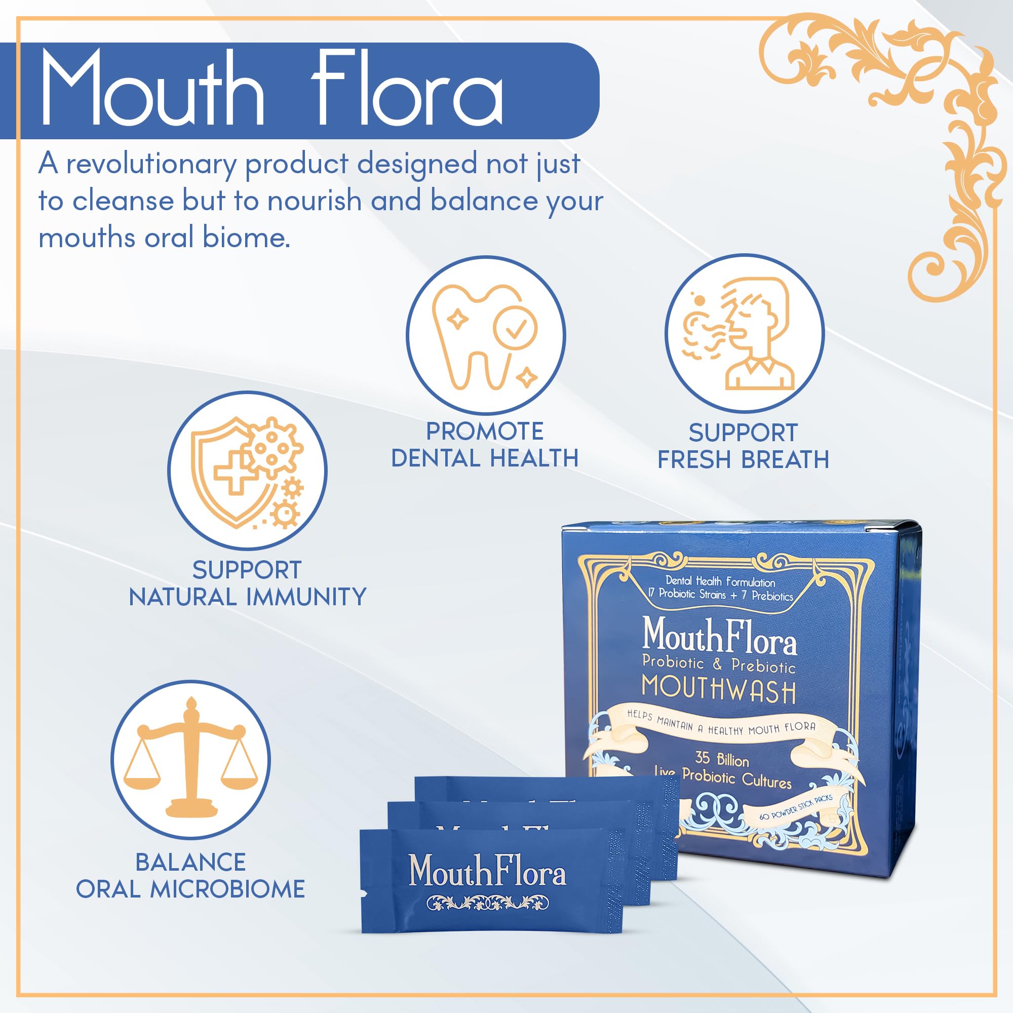 MouthFlora probiotic mouthwash pour demonstrating easy at-home use.