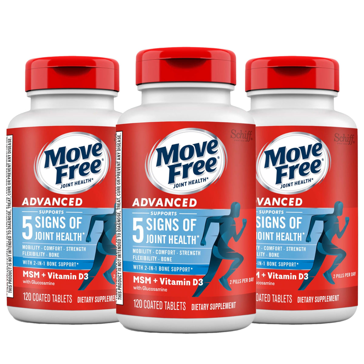 Move Free Advanced bottle collection showing the 3x120ct bottles for joint support.