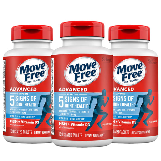 Move Free Advanced bottle collection showing the 3x120ct bottles for joint support.