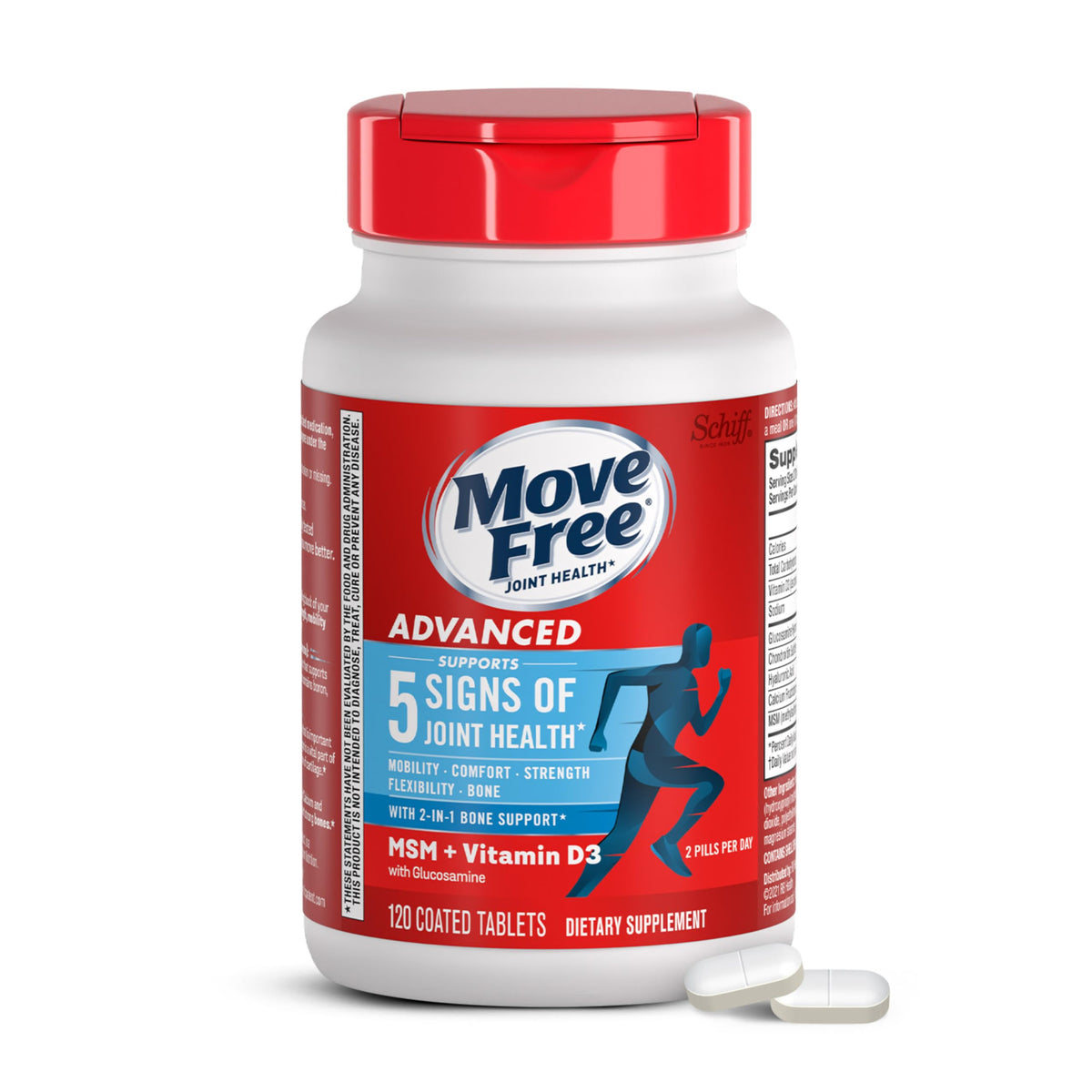 Move Free Advanced bottle front with branding for daily joint support