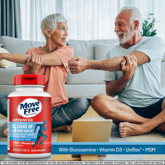Move Free Advanced glucosamine tablet close-up highlighting joint comfort potential.