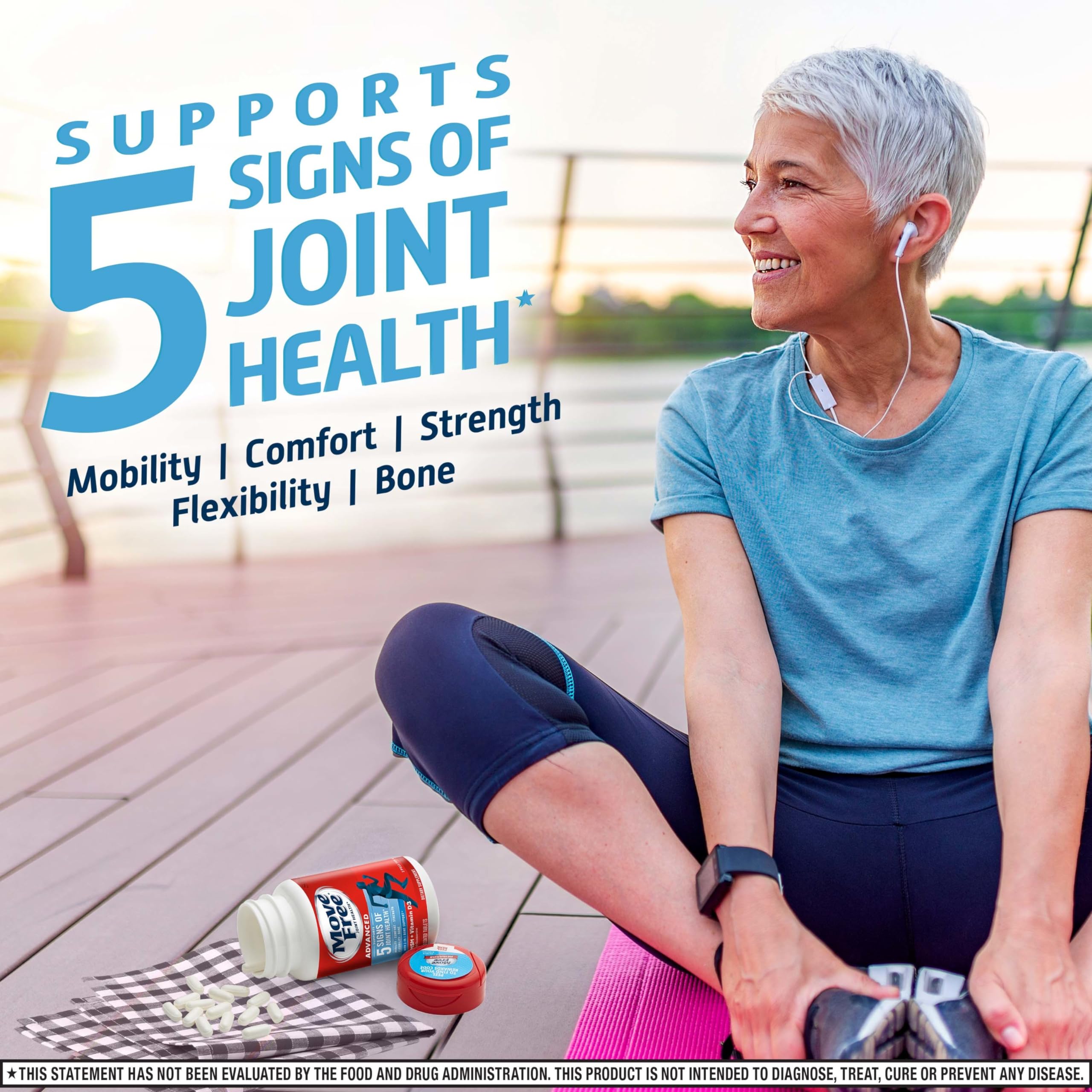 Move Free Advanced MSM tablet close-up noting collagen formation relevance.