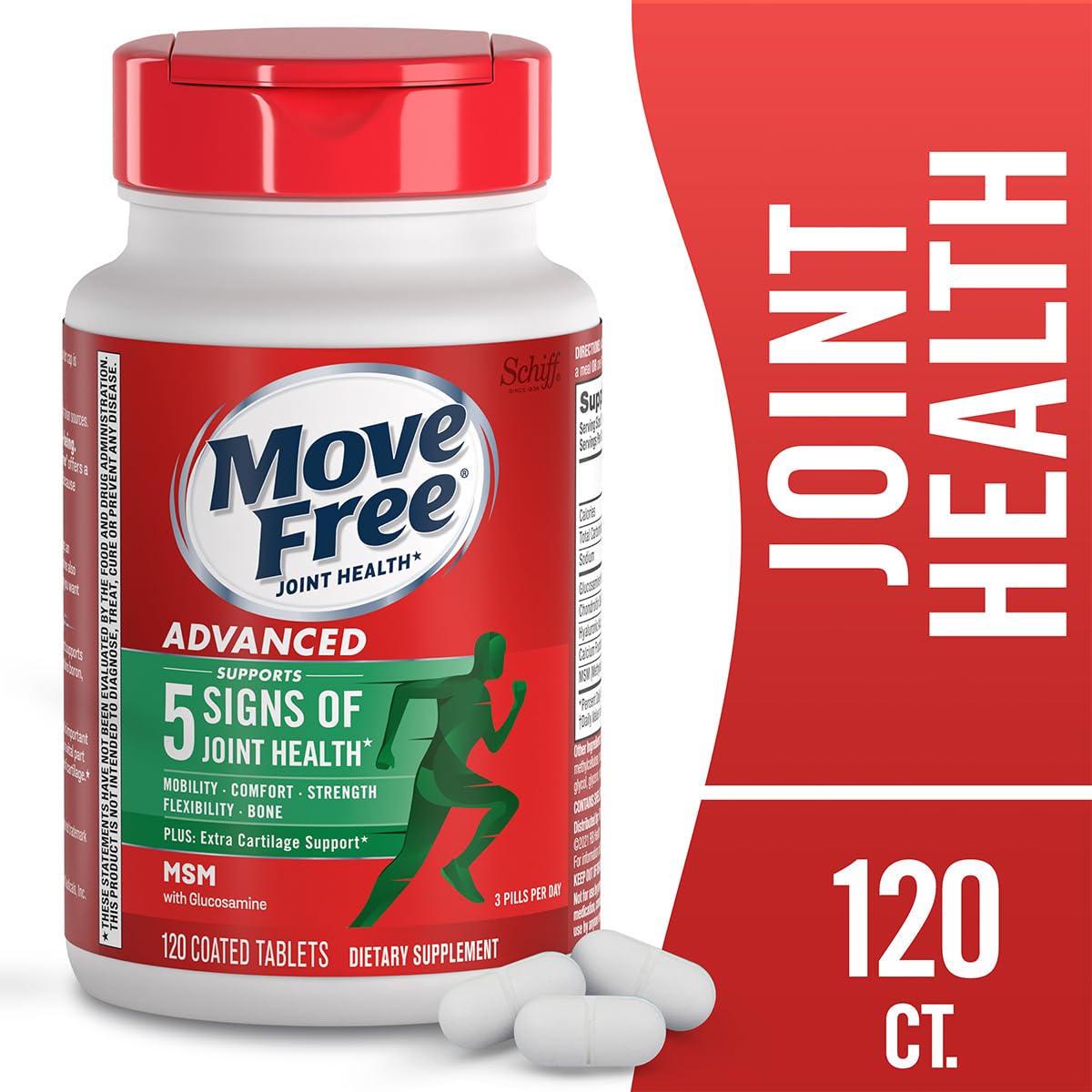 Move Free Advanced Plus MSM bottle side view with dosage guidance