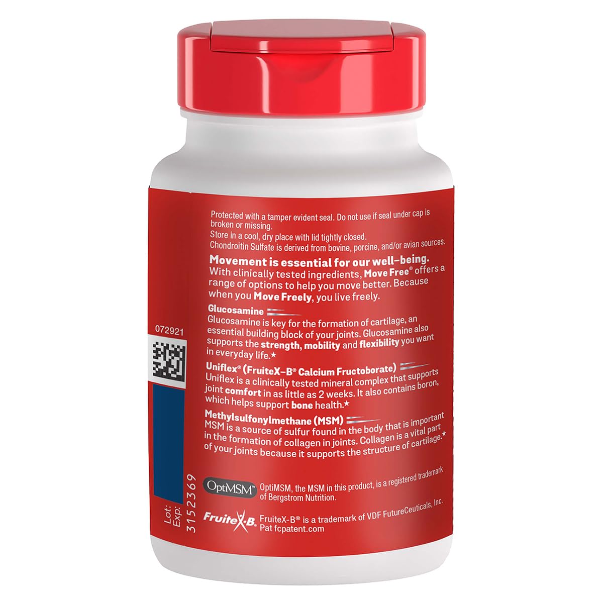 Move Free Advanced Plus MSM ingredients panel highlighting glucosamine and chondroitin
