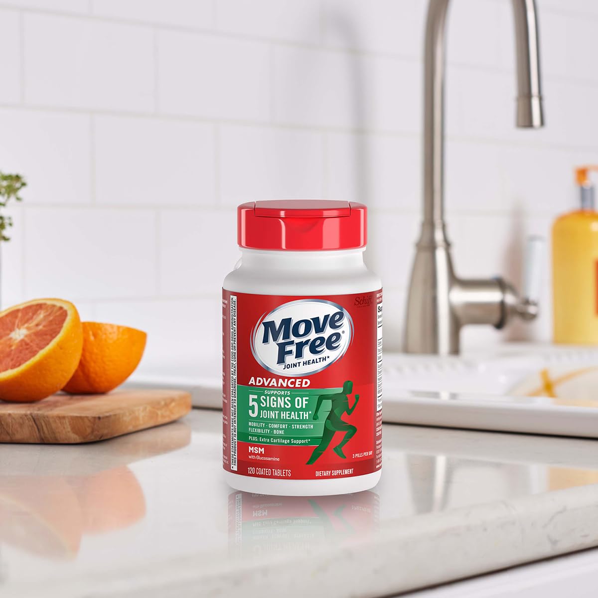 Move Free Advanced Plus MSM product shot highlighting easy to swallow coating
