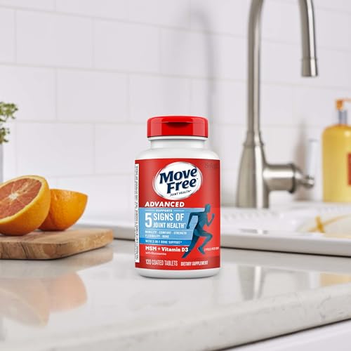 Move Free Advanced two tablets daily dose shown with a meal for uptake.