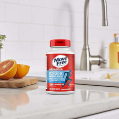 Move Free Advanced two tablets daily dose shown with a meal for uptake.