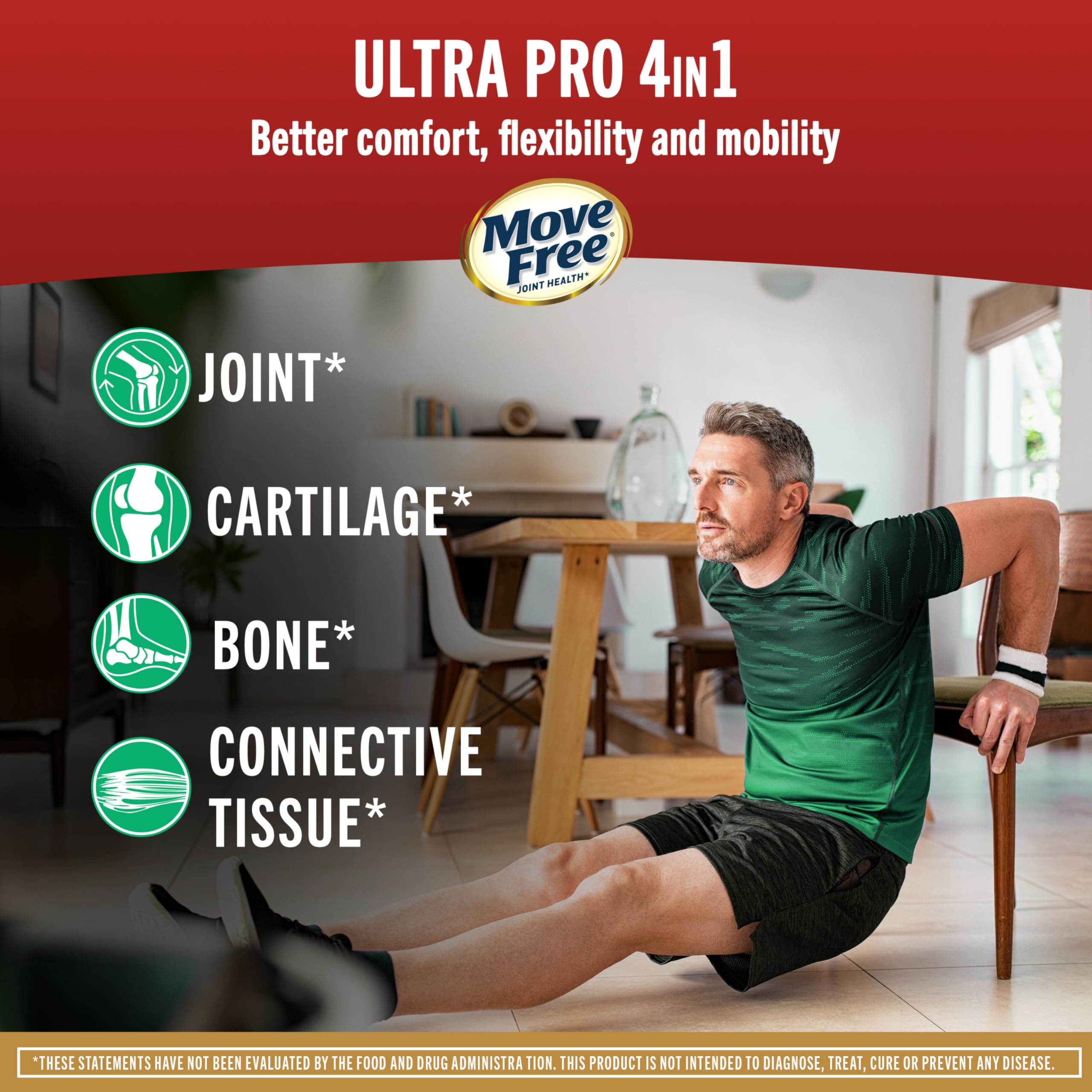 Move Free Ultra Pro capsules closeup shows quadruple action formula.