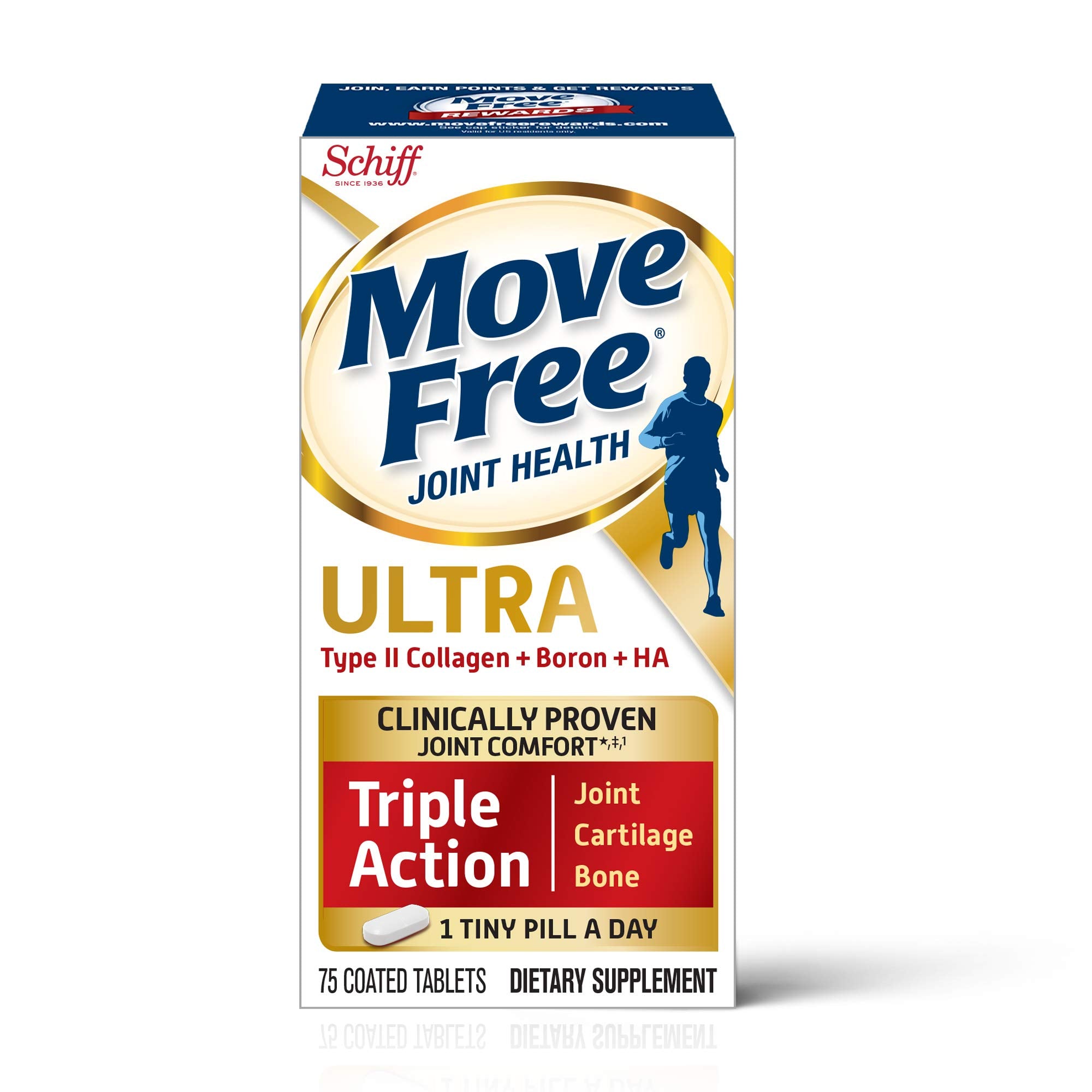 Move Free Type II Boron HA Ultra bottle back with supplement facts for informed use.