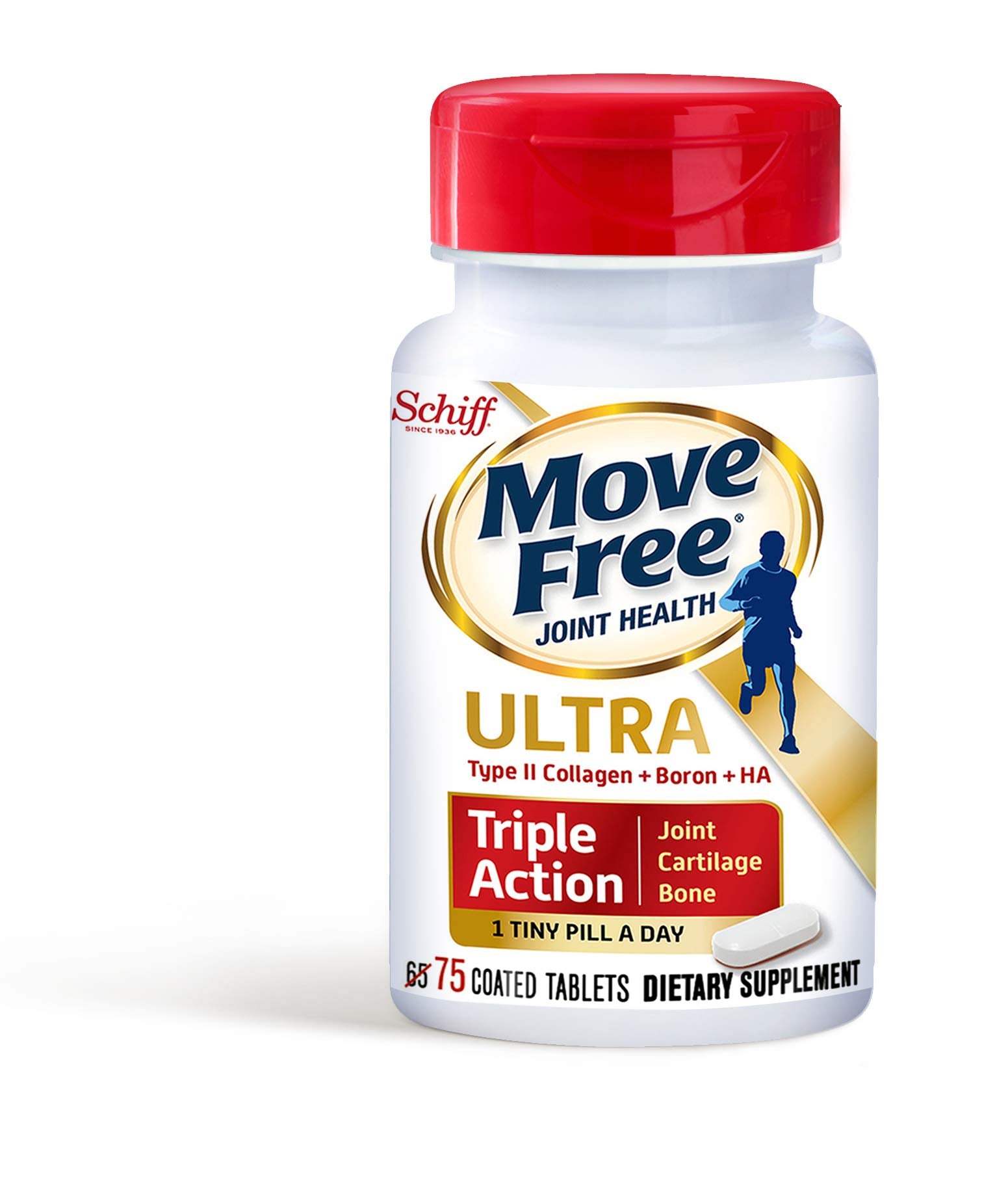 Move Free Type II Boron HA Ultra tablets closeup reveals smooth surface and compact size.