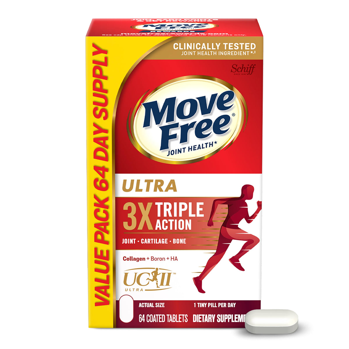 Move Free Ultra bottle front showing daily joint support in a compact pill.