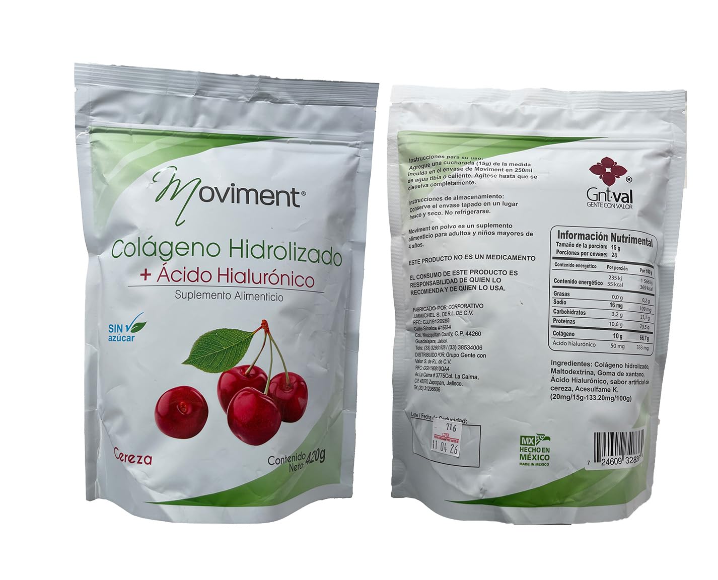 Moviment collagen hyaluronic sugar-free cherry ingredients panel highlights hydrolyzed collagen and hyaluronic acid