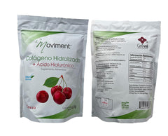 Moviment collagen hyaluronic sugar-free cherry ingredients panel highlights hydrolyzed collagen and hyaluronic acid