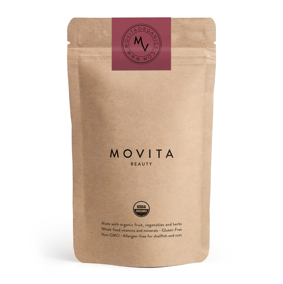 Movita Beauty bottle label emphasizes clean, organic ingredients for daily use.
