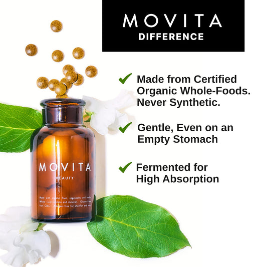 Movita Beauty capsules close-up highlighting biotin and choline for hair, skin, nails.