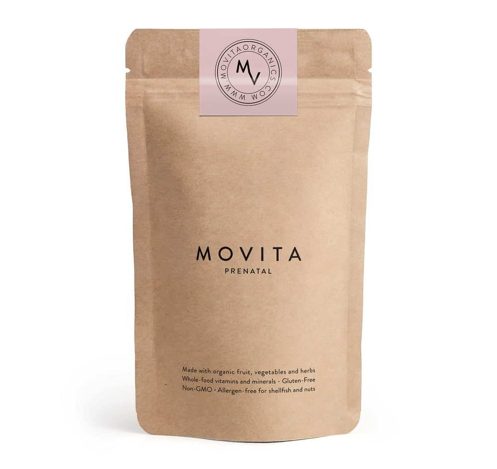 Movita Prenatal Multivitamin bottle closeup showing organic ingredients and prenatal support