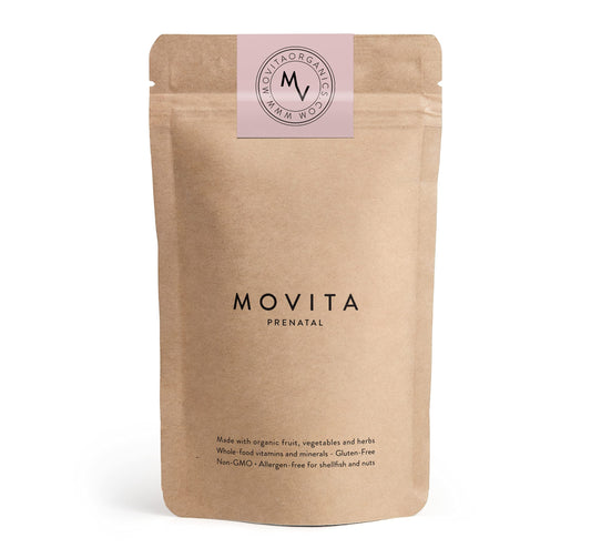Movita Prenatal Multivitamin bottle closeup showing organic ingredients and prenatal support