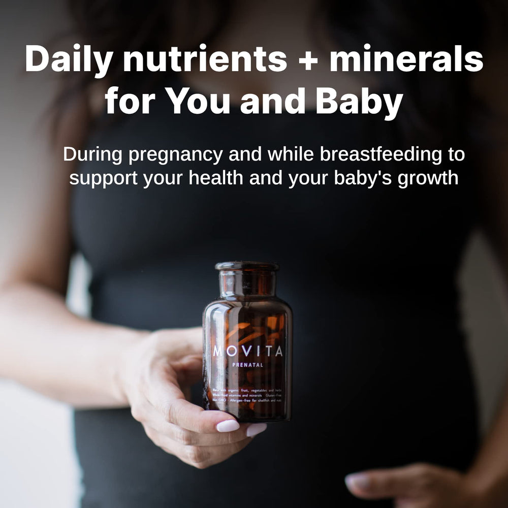 Movita Prenatal Multivitamin label highlighting organic vegan and clean ingredients