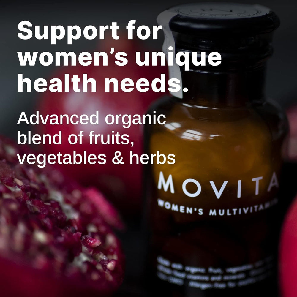 Movita glass bottle on a kitchen counter with eco-friendly packaging