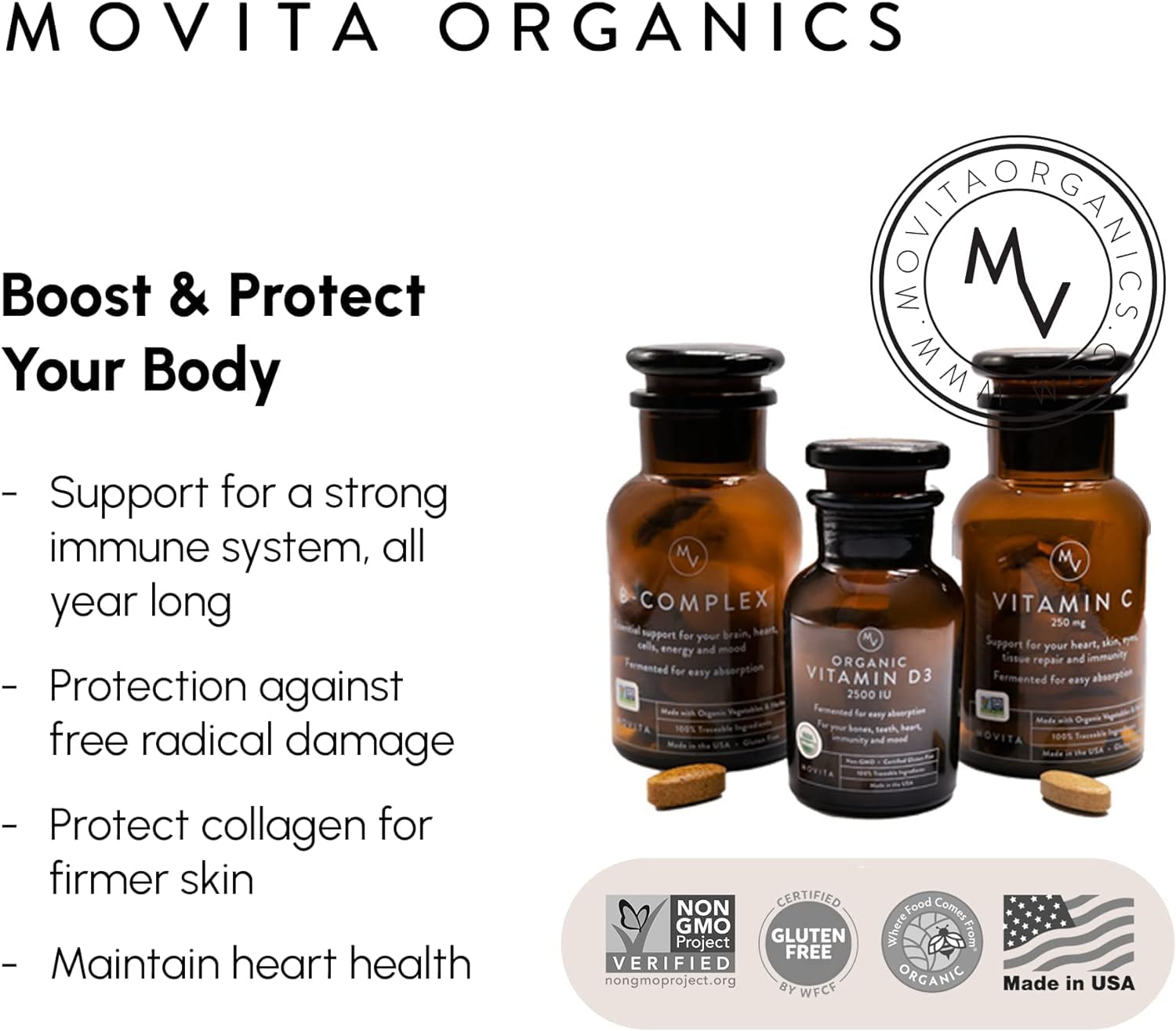 Movita product box and bottle displayed in bright, inviting light