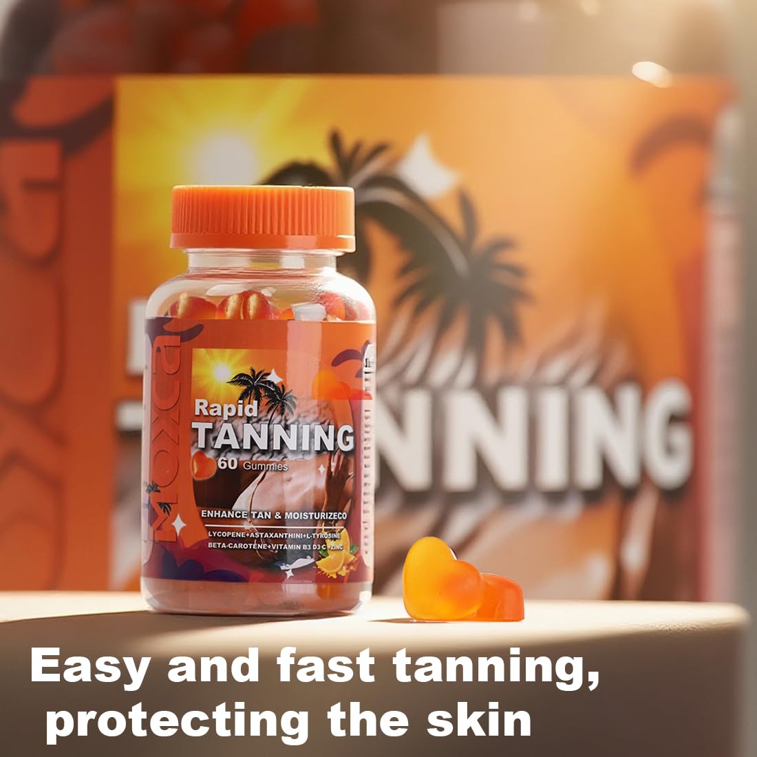 Moxca Vegan Beauty Gummies close-up highlights astaxanthin-lycopene richness for antioxidant nourishment.