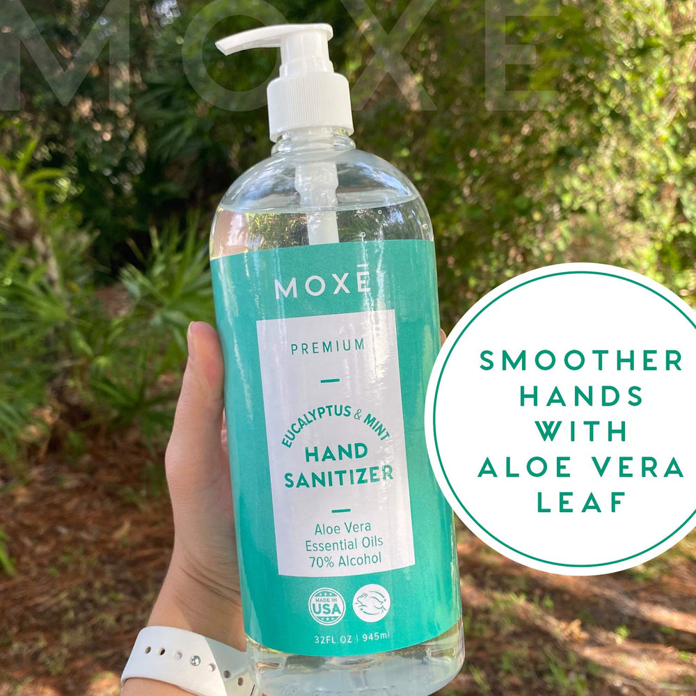 MOXE sanitizer enriched with aloe vera and vitamin E for moisturizing protection.