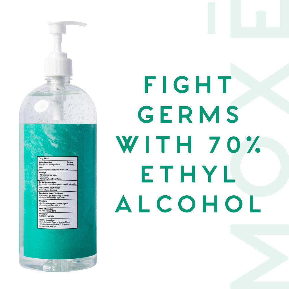 Close-up of MOXE gel texture with eucalyptus mint aroma and quick-dry formula.