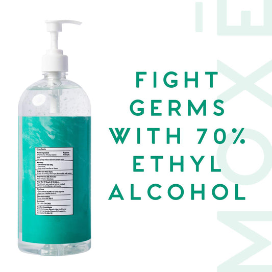 Close-up of MOXE gel texture with eucalyptus mint aroma and quick-dry formula.