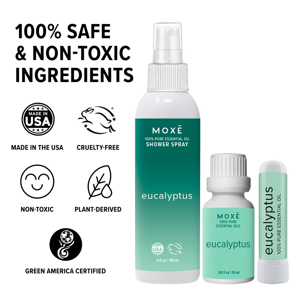 MOXE eucalyptus nasal inhaler close-up for immediate congestion relief use.