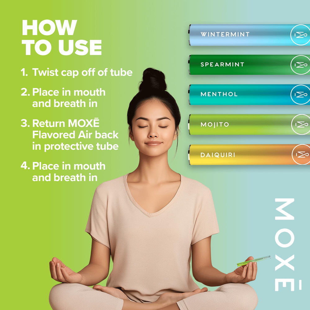 MOXE inhaler in use held in hand demonstrates quick, portable flavor refreshment