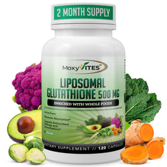 MoxyVites liposomal glutathione bottle for daily antioxidant support.