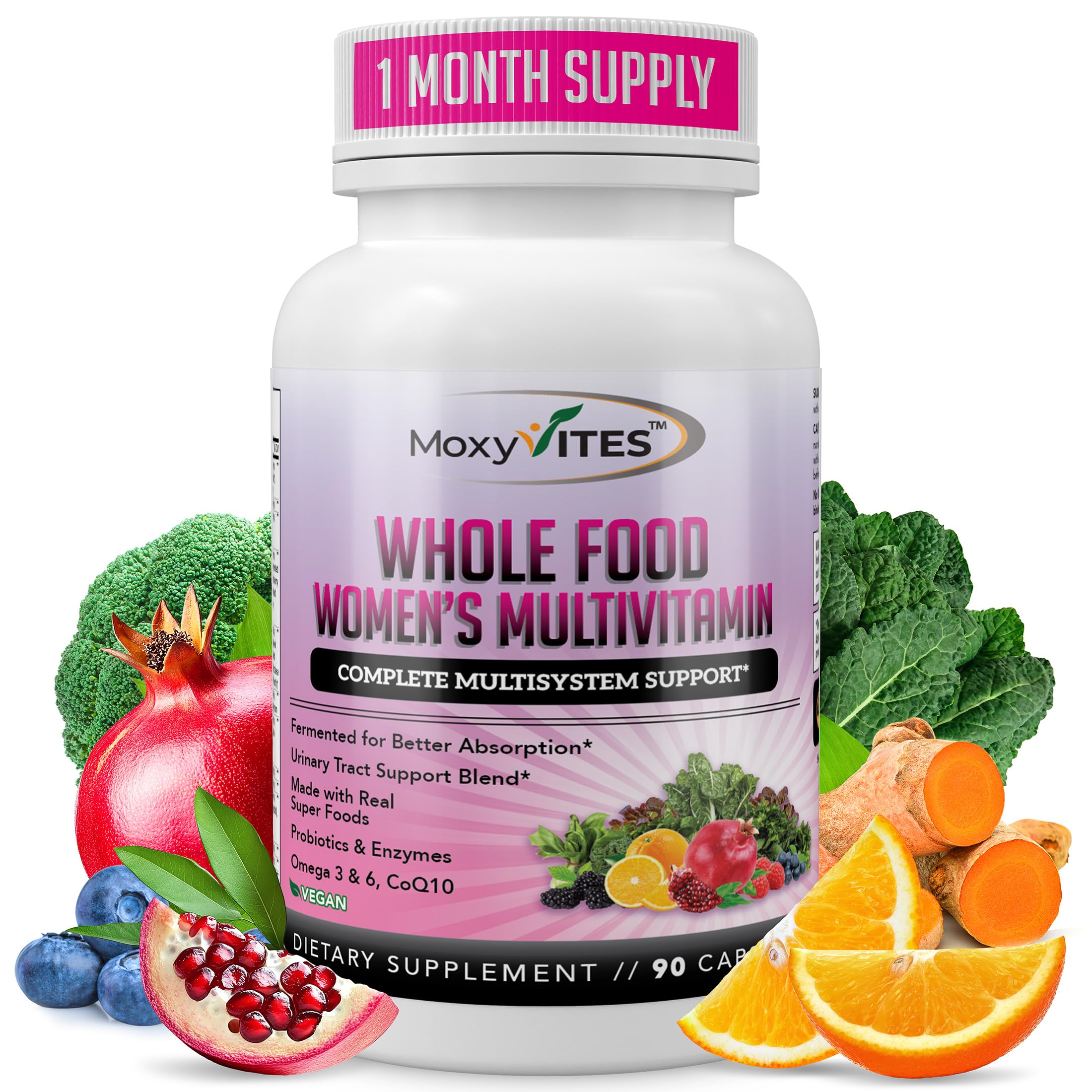 MoxyVites methylated multivitamin for women bottle shown, supporting daily wellness and nutrient absorption.