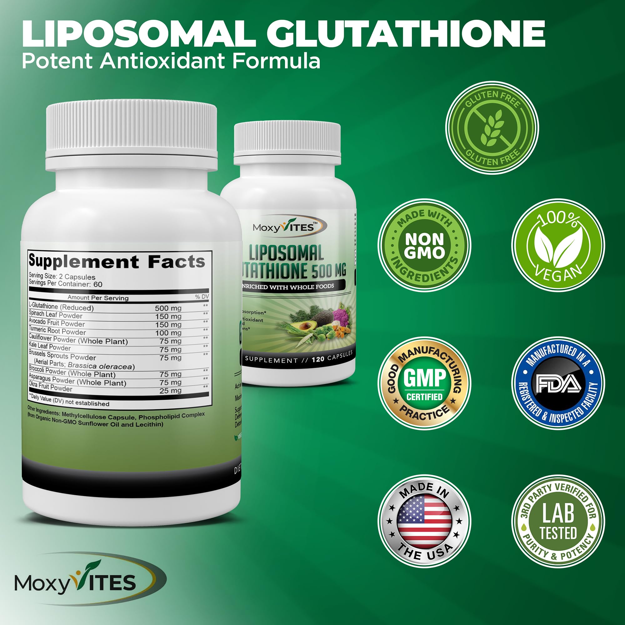 MoxyVites Non-GMO, gluten-free vegan label signals plant-based quality.