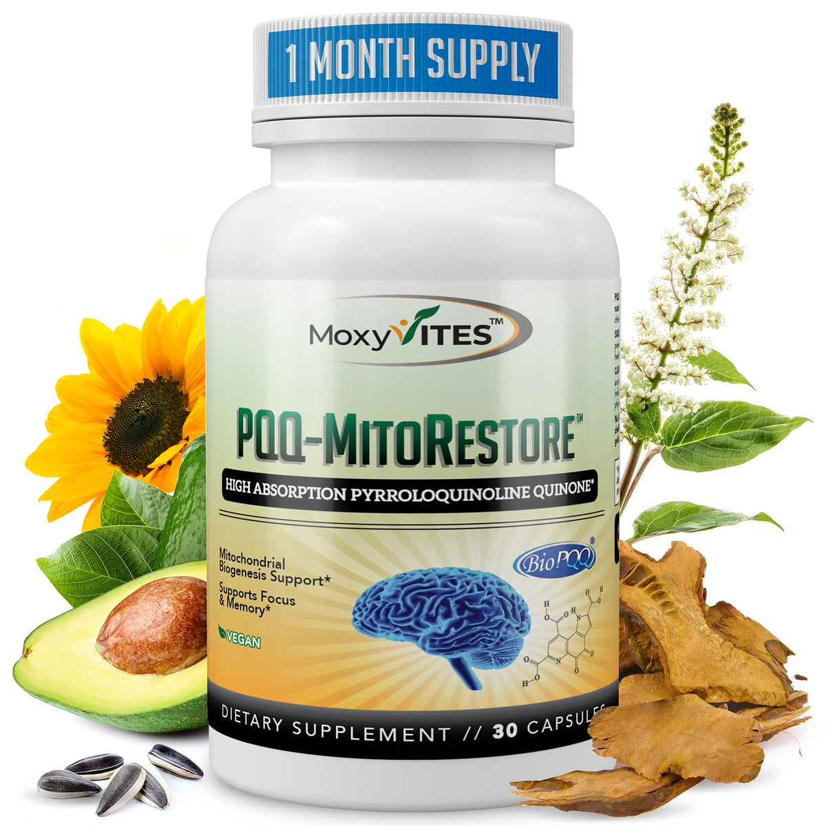 MoxyVites PQQ MITORESTORE bottle front view, signaling high-absorption cognitive support