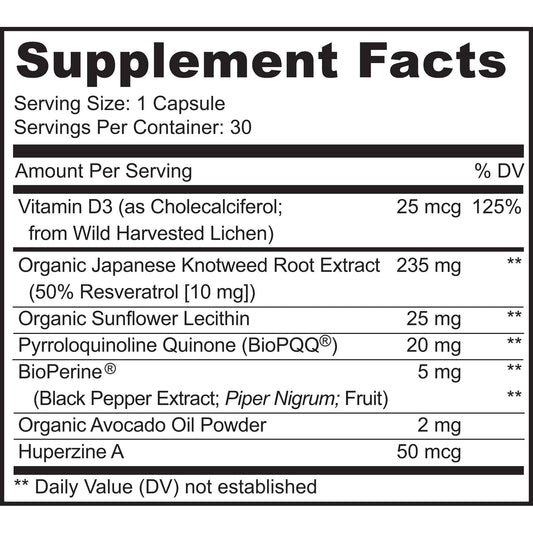 MoxyVites MITORESTORE capsules on bottle side showing vegan, non-GMO ingredients