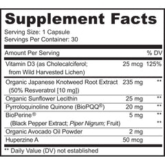 MoxyVites MITORESTORE capsules on bottle side showing vegan, non-GMO ingredients