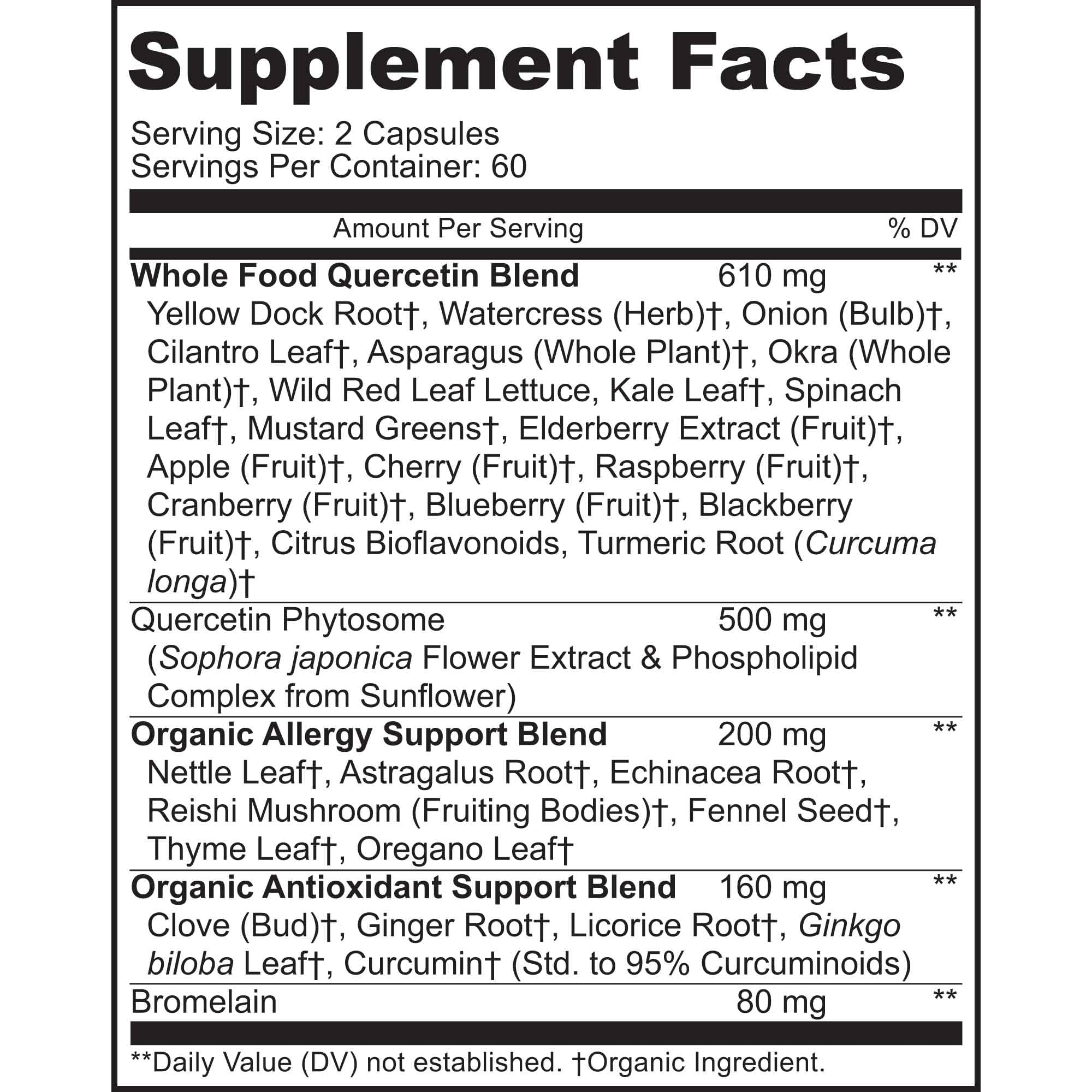MoxyVites Quercetin with Bromelain bottle back highlighting supplement details.