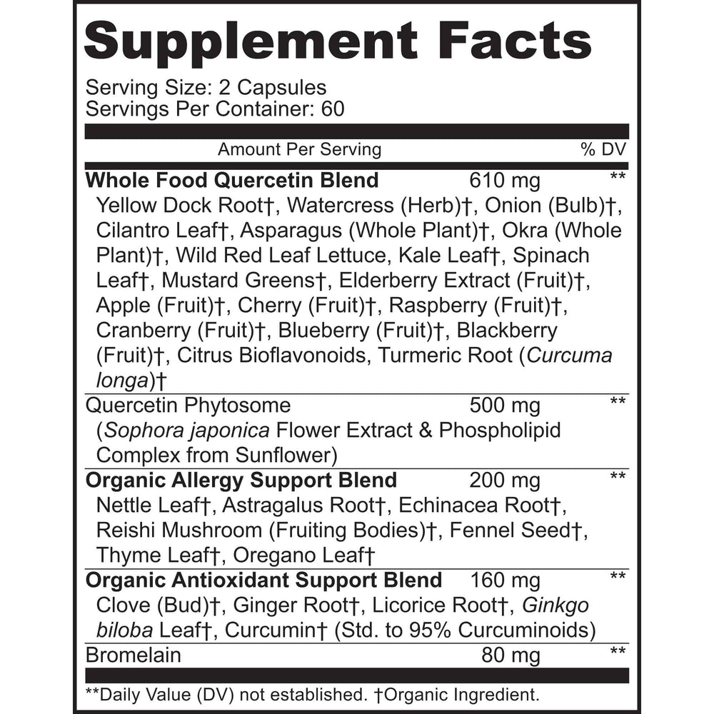 MoxyVites Quercetin with Bromelain bottle back highlighting supplement details.