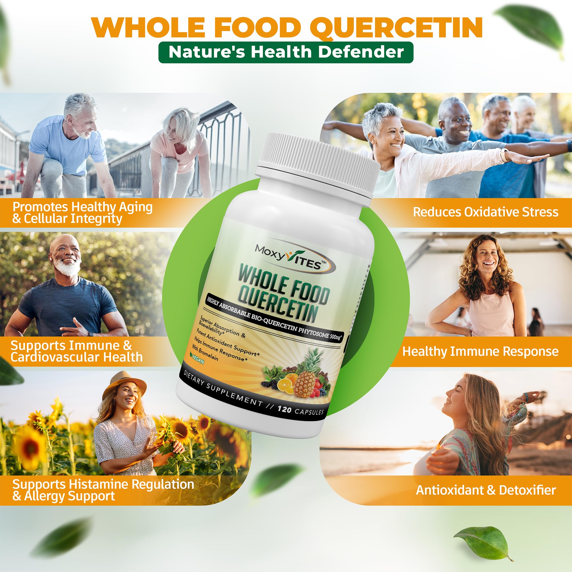 Close-up of MoxyVites quercetin capsules emphasizing vegan-friendly form.
