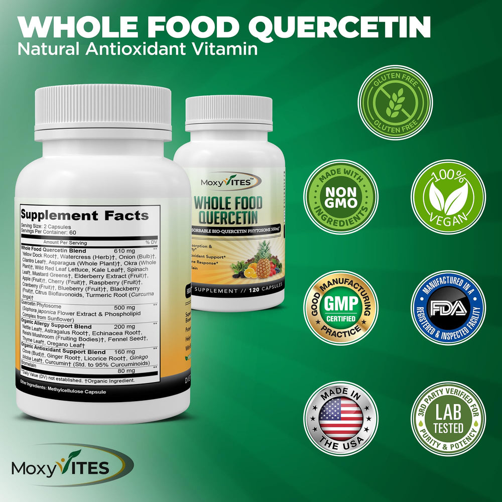 Ingredient panel of MoxyVites Quercetin with Bromelain emphasizing bioactive phytosome complex.